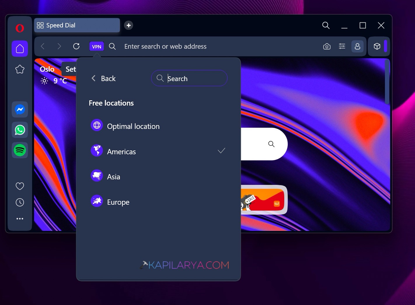 Choose VPN location opera