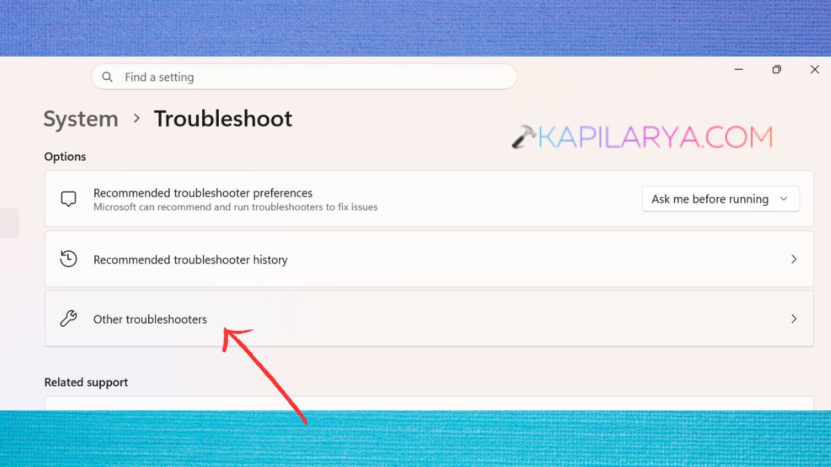 Other troubleshooters in system settings