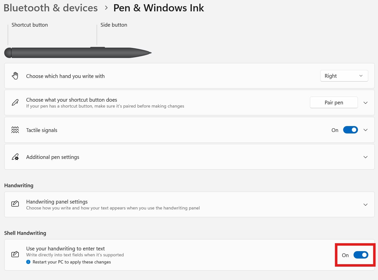 Pen and windows ink settings