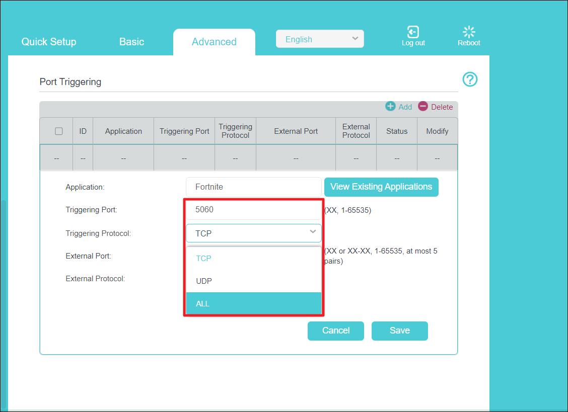 Enter Port number and type