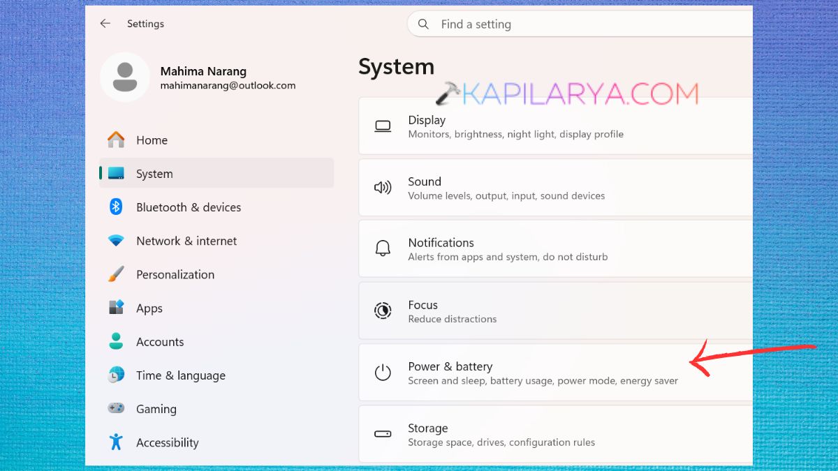 Power and battery in system settings