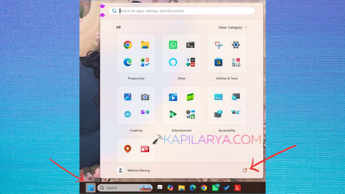 Power button in Start menu