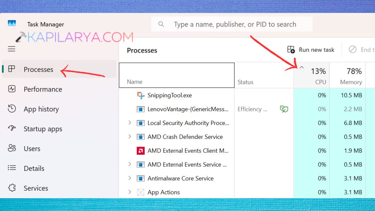Processes Tab with CPU Usage in Task Manager