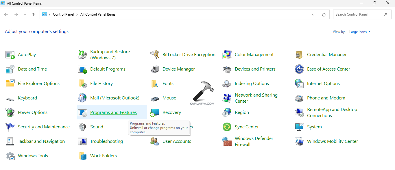 Opening Programs and Features