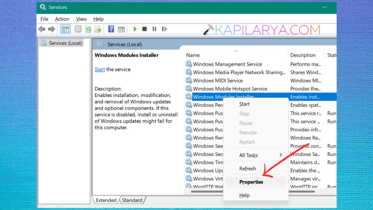 Properties of Windows Modules Installer service Fix Windows Resource Protection could not start the repair service