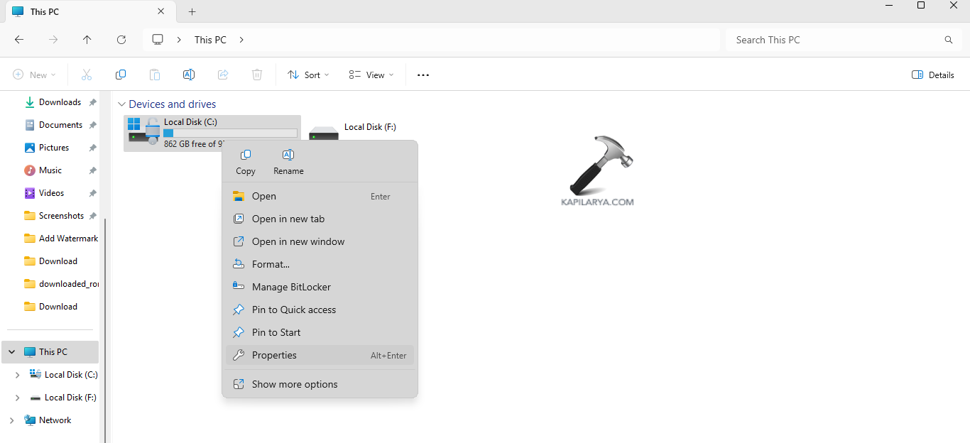 Opening properties of folder