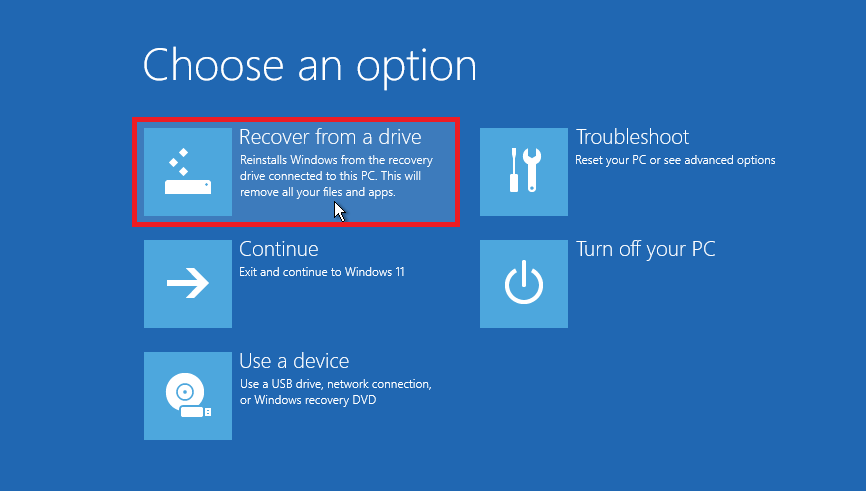 Recover from a drive: Can't Reset Windows 11 PC to Factory Settings
