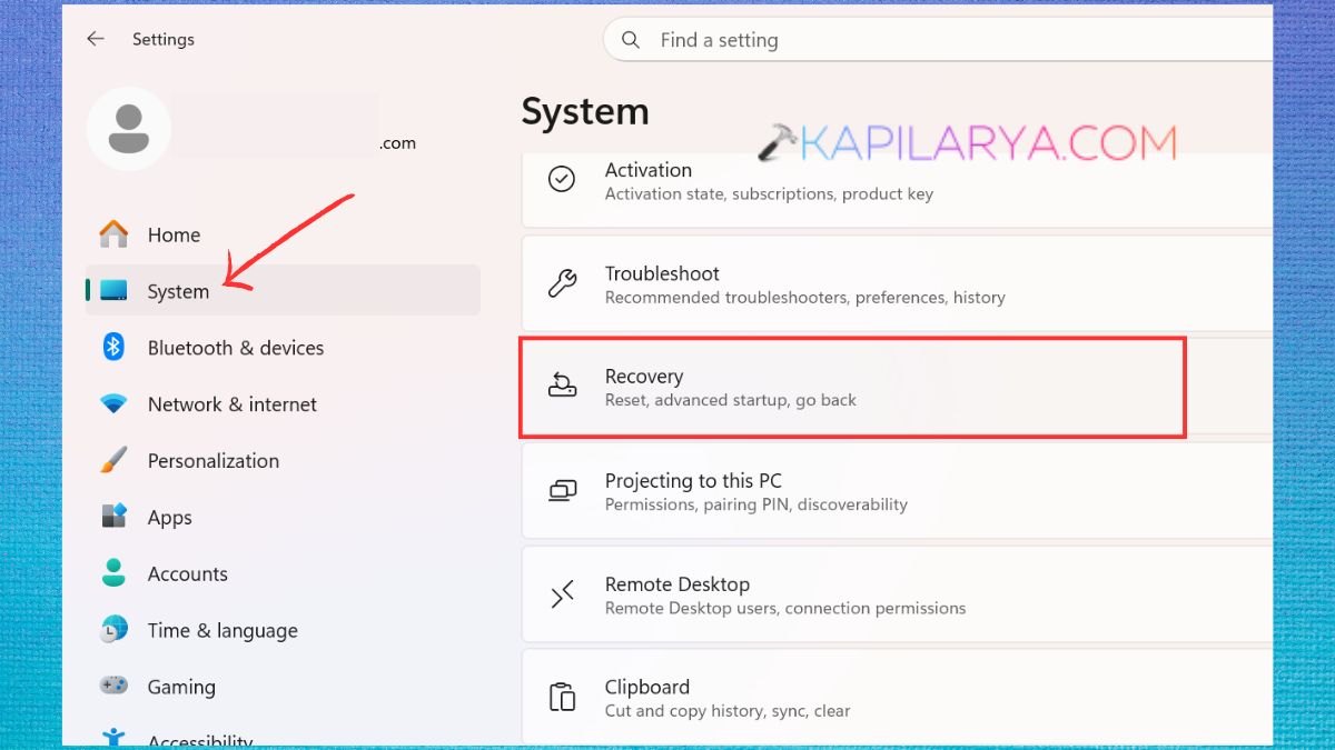 Recovery in System settings