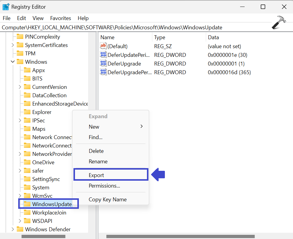 Windows Update Service is missing in Windows 11/10 - solve with Registry Editor to Export WindowsUpdate