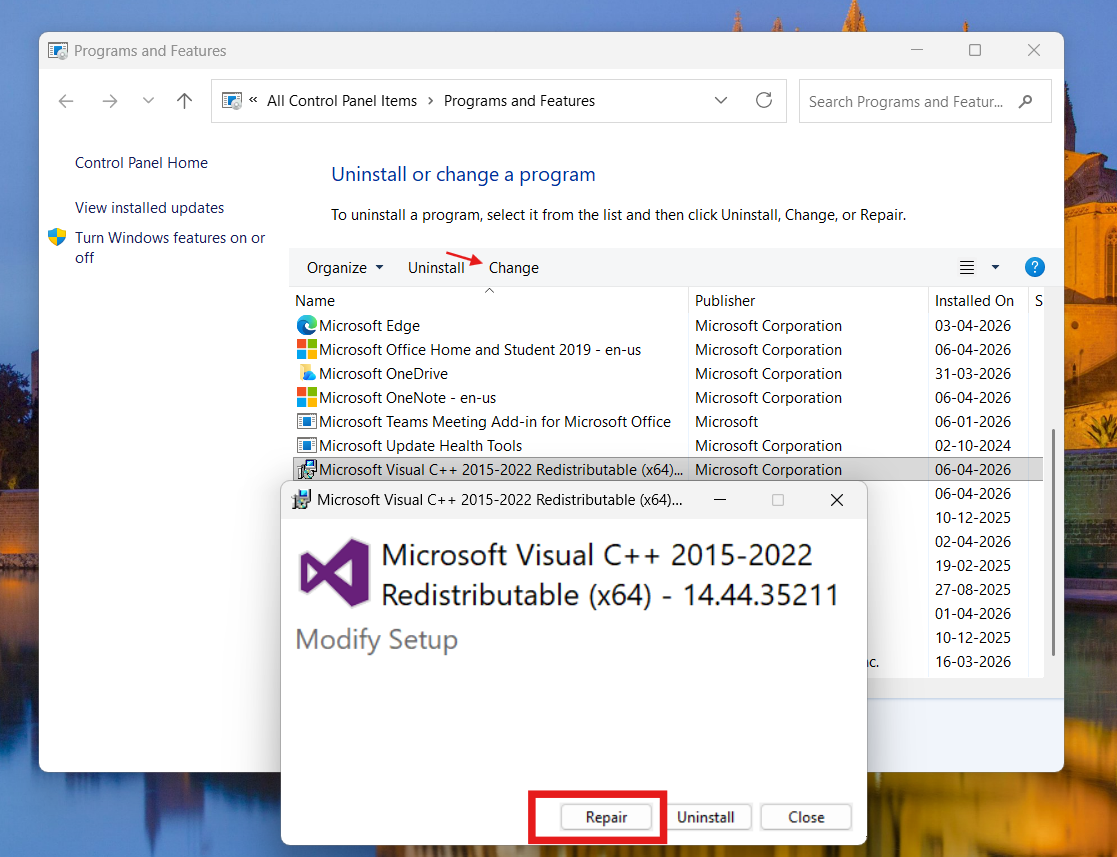 Repair Microsoft Visual C++ Redistributable: Runtime Error 217 in Windows