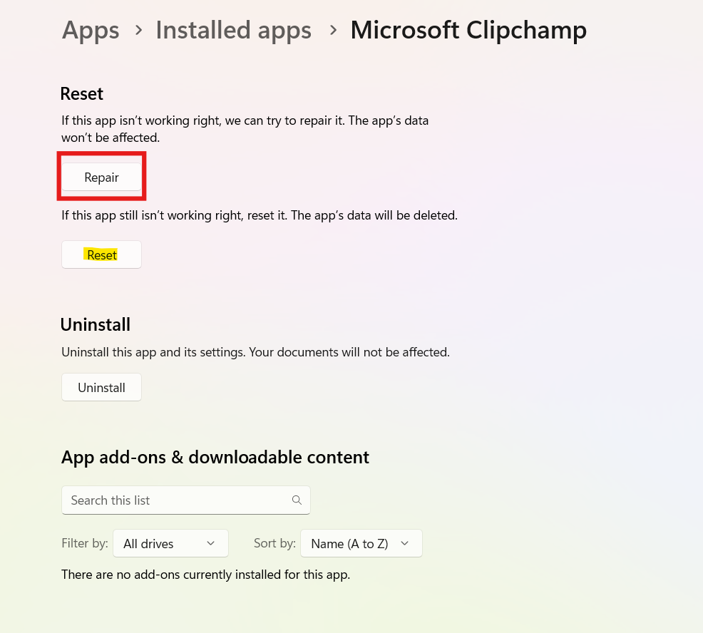 Repair or Reset Clickchamp