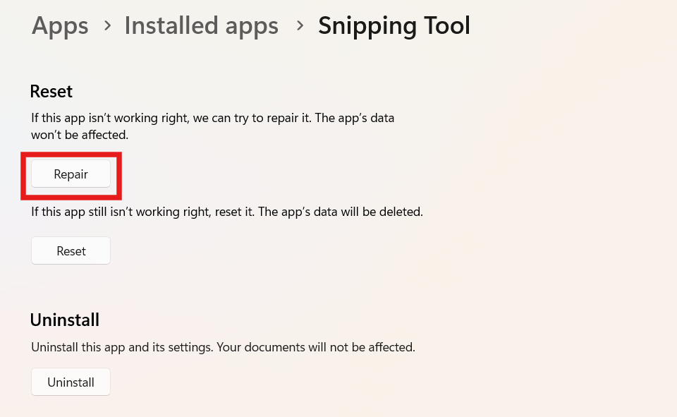 Repair or Reset the Snipping Tool
