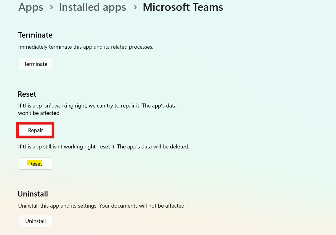 Repair or reset teams: Fix: Microsoft Teams Keeps Asking to Sign In on Windows 11