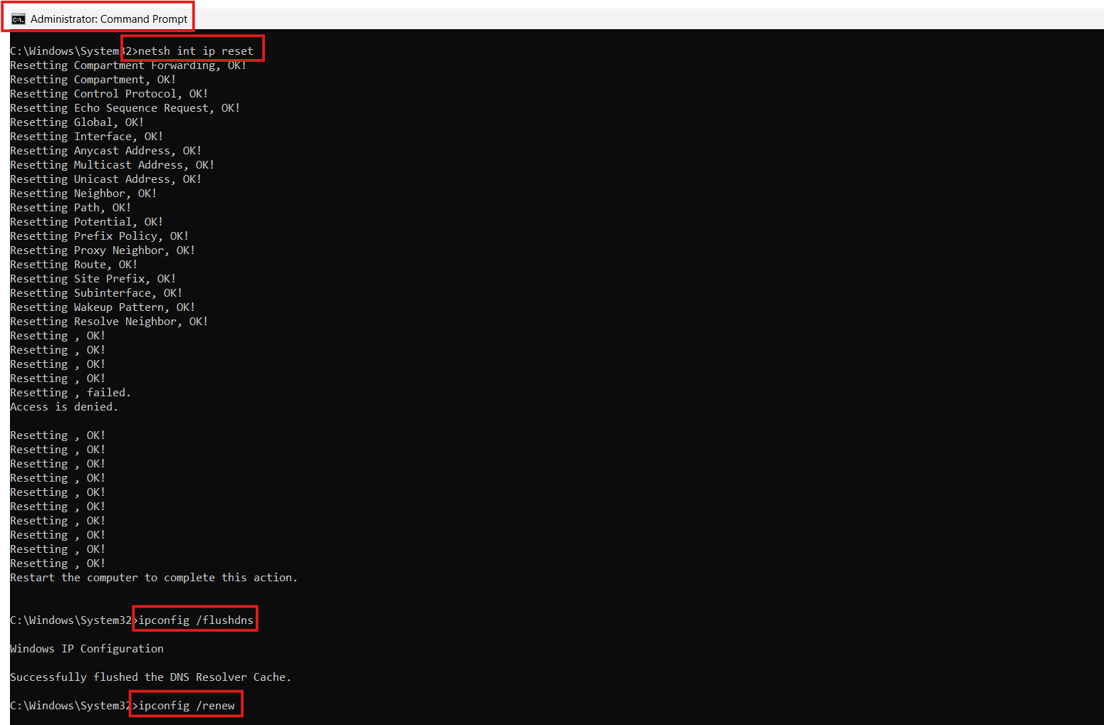 Reset TCP/IP: The modem or other connecting device has reported an error