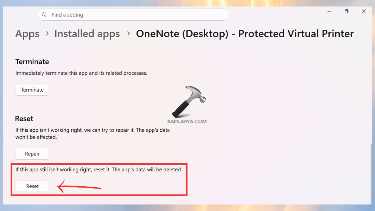 Reset Onenote app via settings
