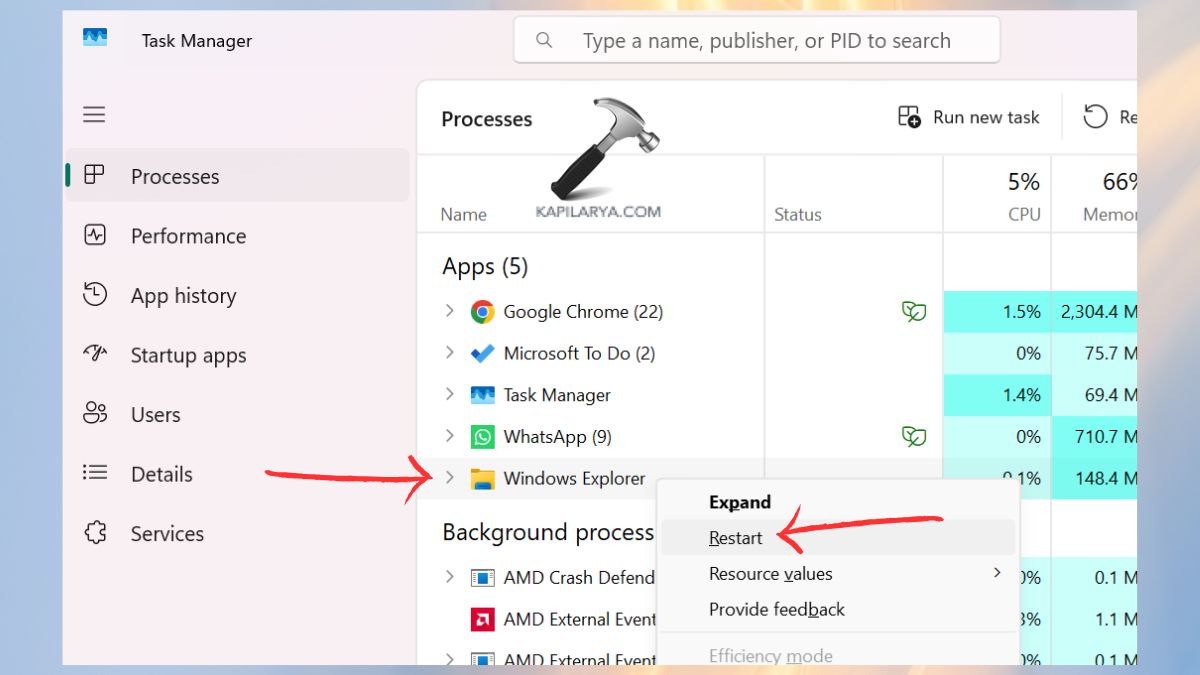 Restart Windows Explorer in task manager