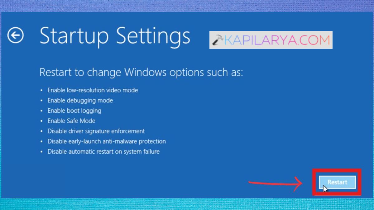 Restart in Startup Settings Fix Windows Resource Protection could not start the repair service