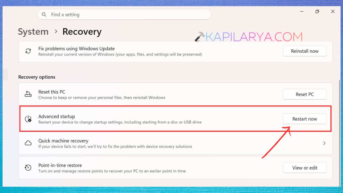 Restart now for Advanced startup