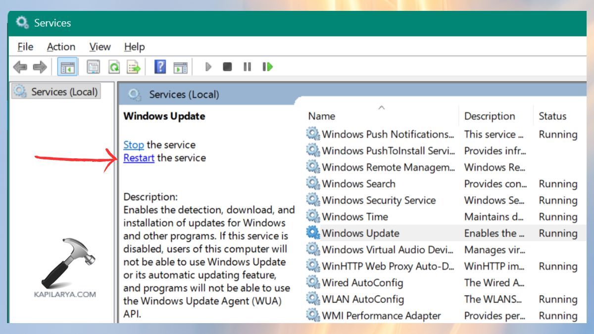 Restart windows update service