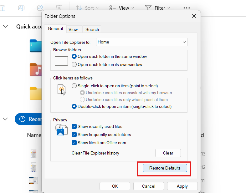 Restore File Explorer Settings