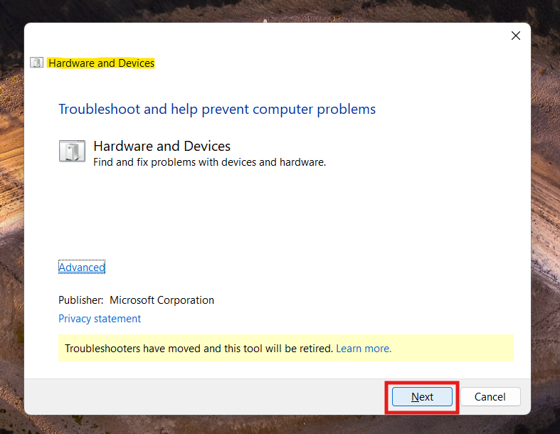 Run Hardware Troubleshooter