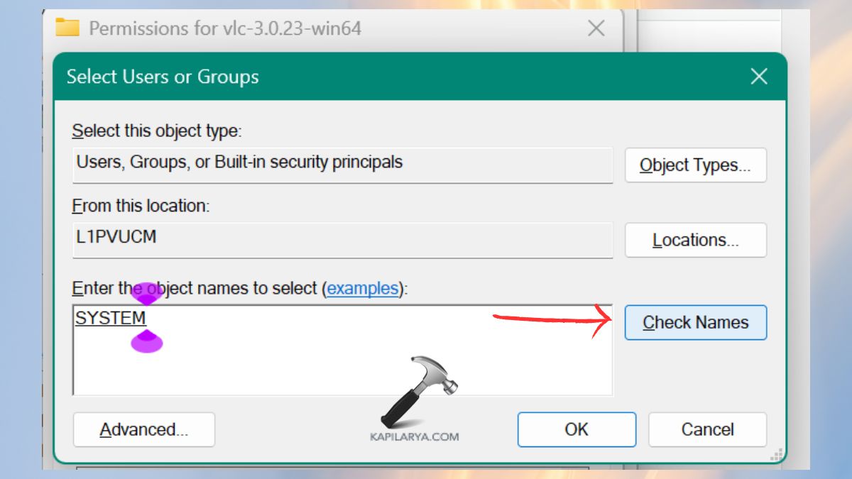 SELECT USERS OR GROUPS and check names option