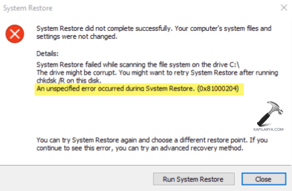 System Restore failed with error 0x81000204 on Windows 11