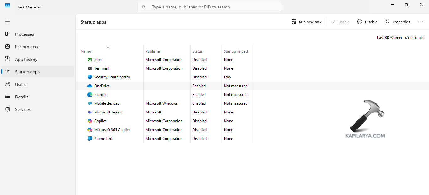 Disabling startup apps in Task Manager