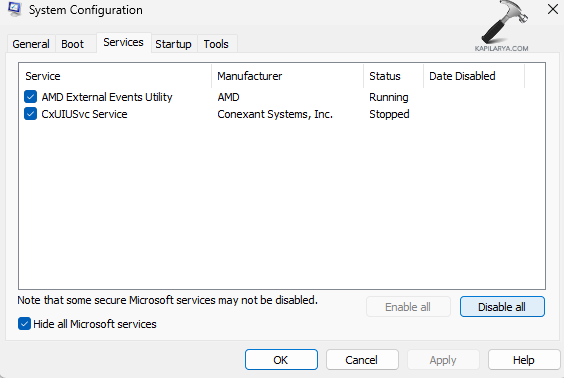 Services tab of system configuration