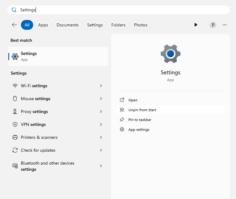 The start option showing settings option