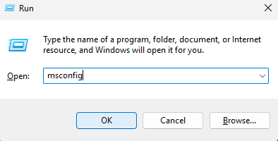 The run dialog box showing the msconfig option