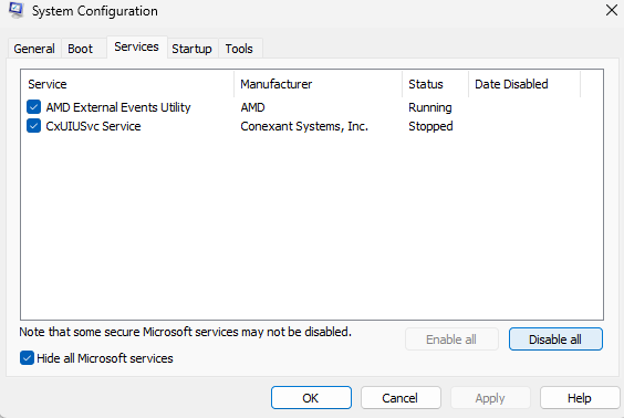 The system configuration page showing option of hide all microsoft services