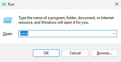 The Run dialog box showing cmd option