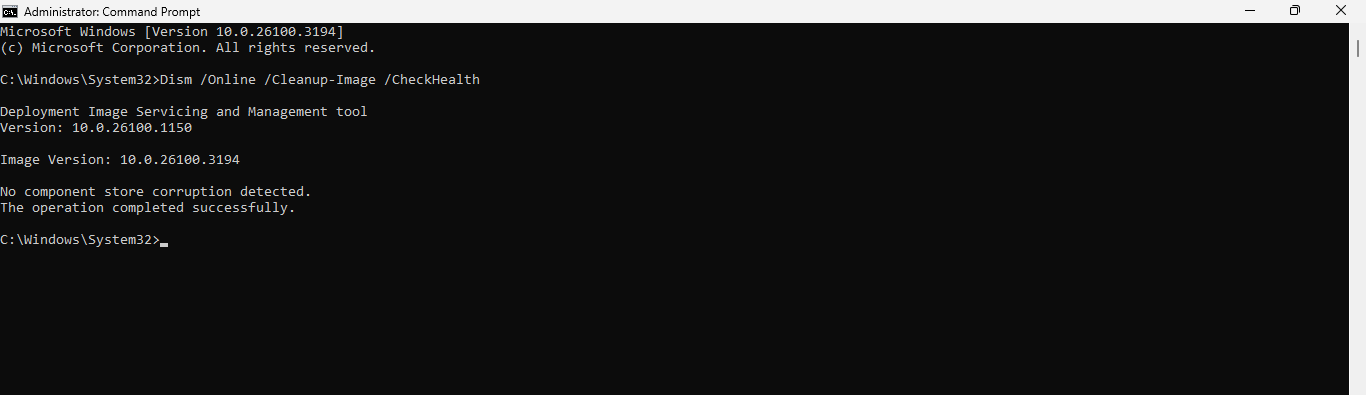 The command prompt page showing the check health prompt