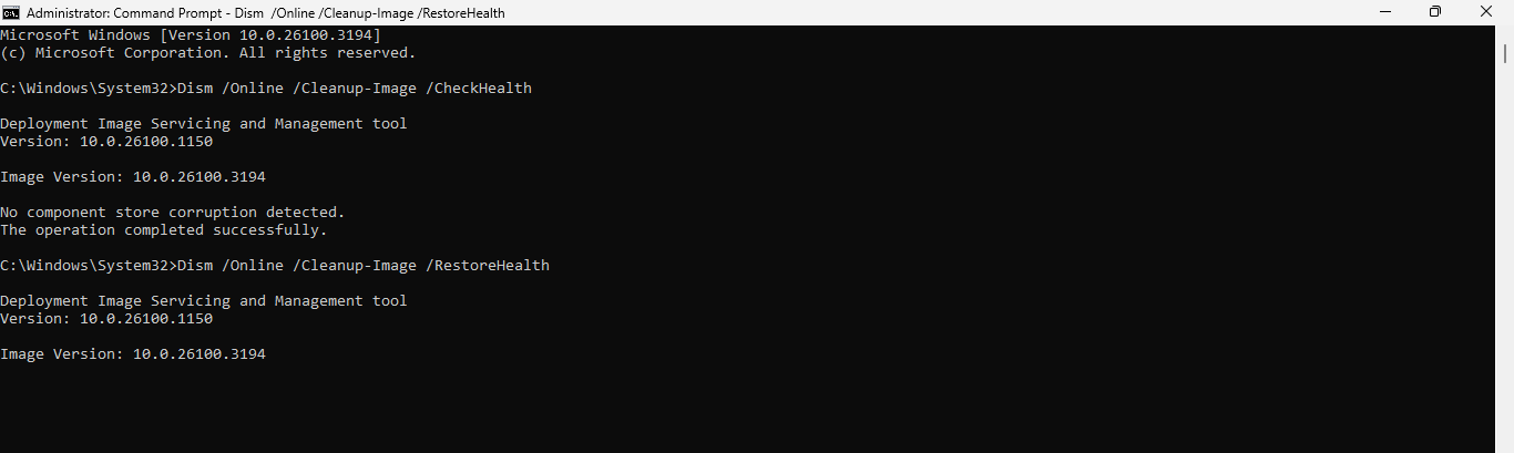 The command prompt page showing the restore health prompt