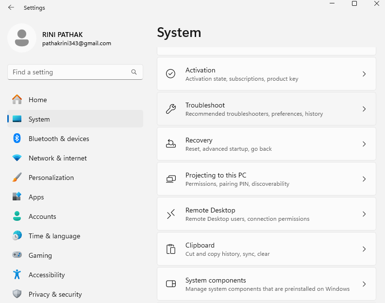 The system page showing troubleshoot option