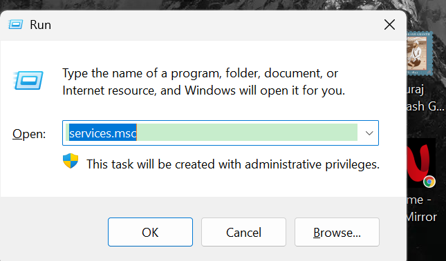 Windows run command box is displayed In Windows 11 with the program name as services.msc.