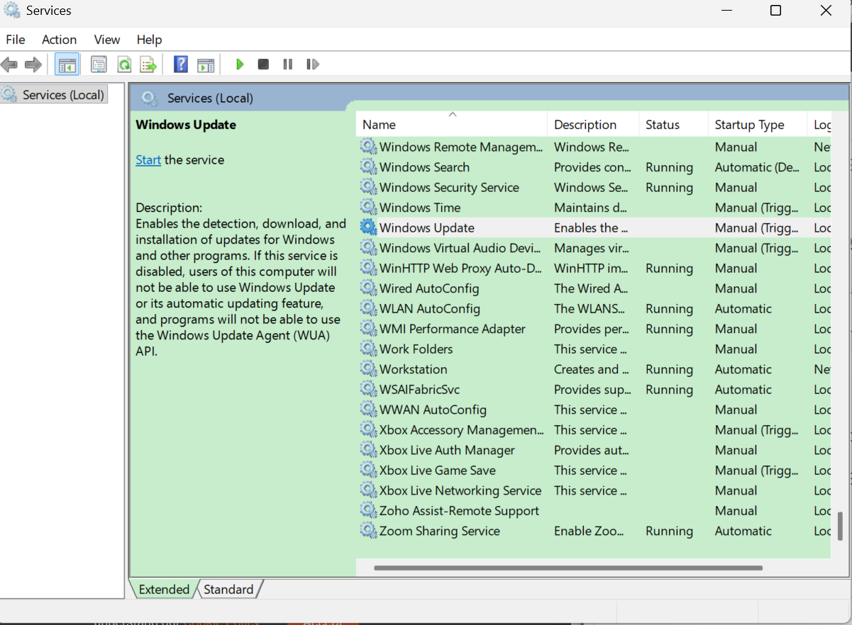 Service pop up window is displayed, and Windows update option is selected.