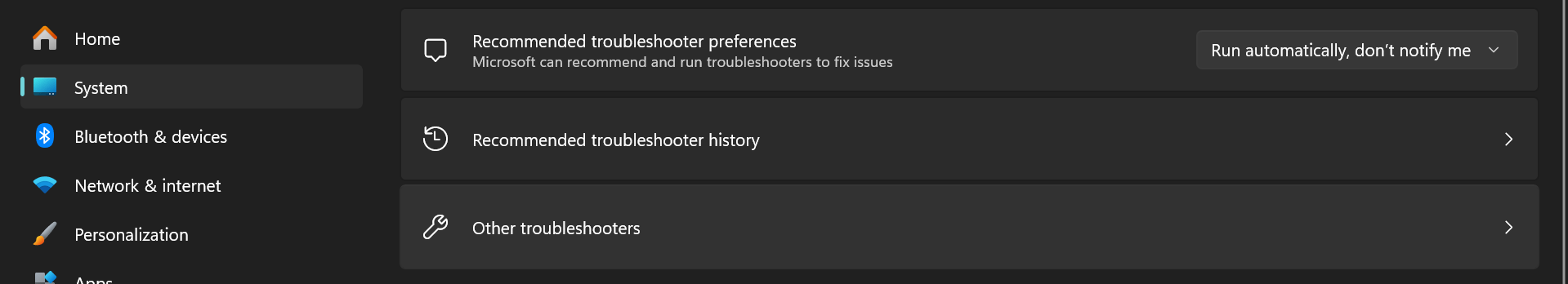 The main panel is focused on the System category, showing options under Troubleshoots, including recommended troubleshooter preferences and other troubleshooters.