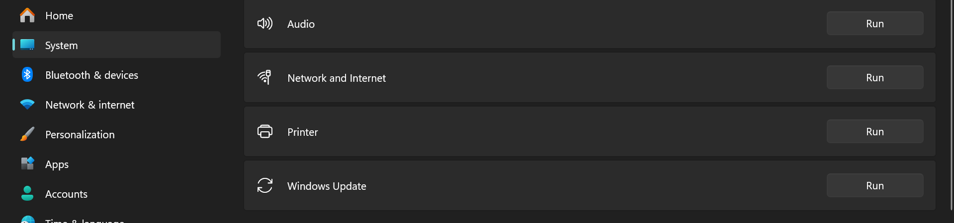 The main panel is focused on the System category, showing quick troubleshoot options for Audio, Network and Internet, Printer, and Windows Update, each with a Run option next to them.
