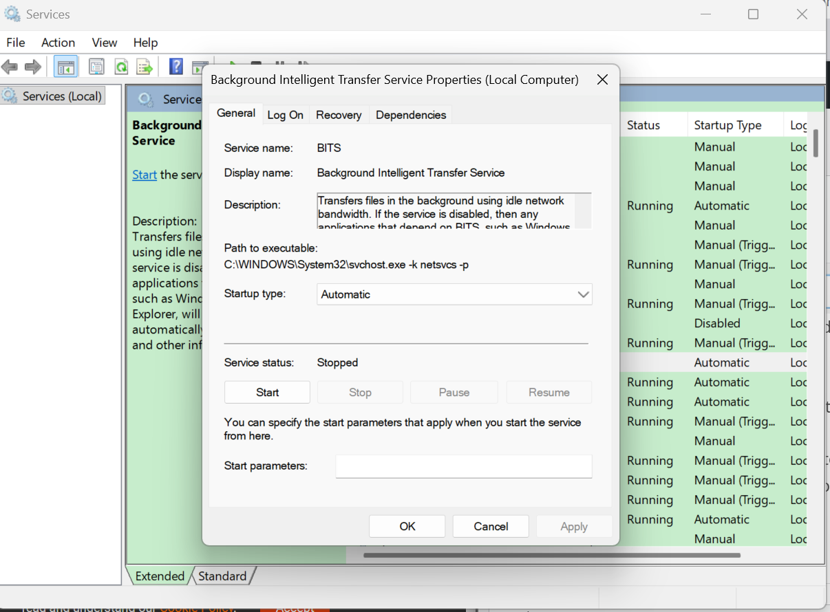 Windows Update Properties window is displayed where startup typeis set to automatic and service statuts is set to stopped.