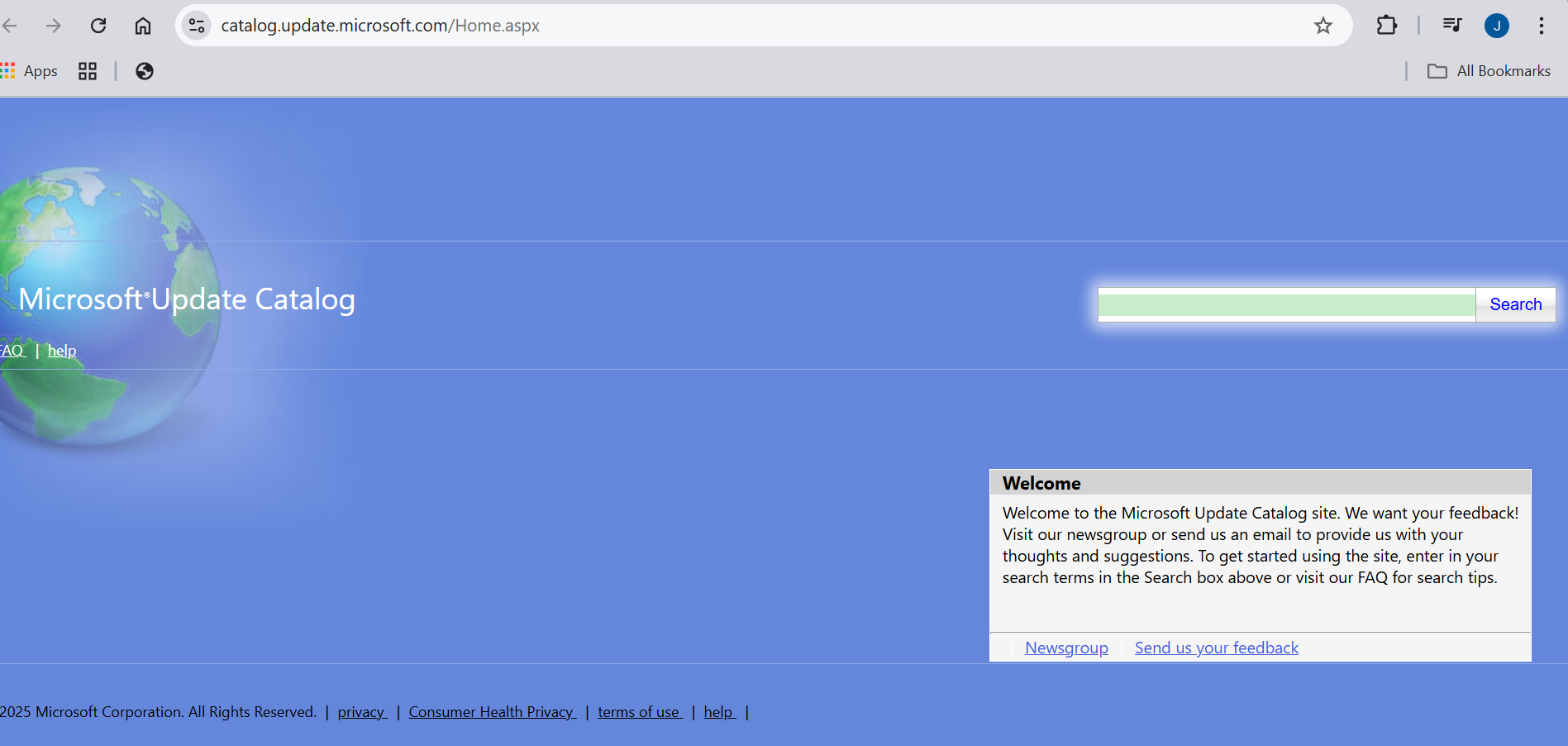The image shows Microsoft Update Catalog website. It contains a search box with the label Search to the right. Below the search box, there is a Welcome message inviting feedback and instructions.
