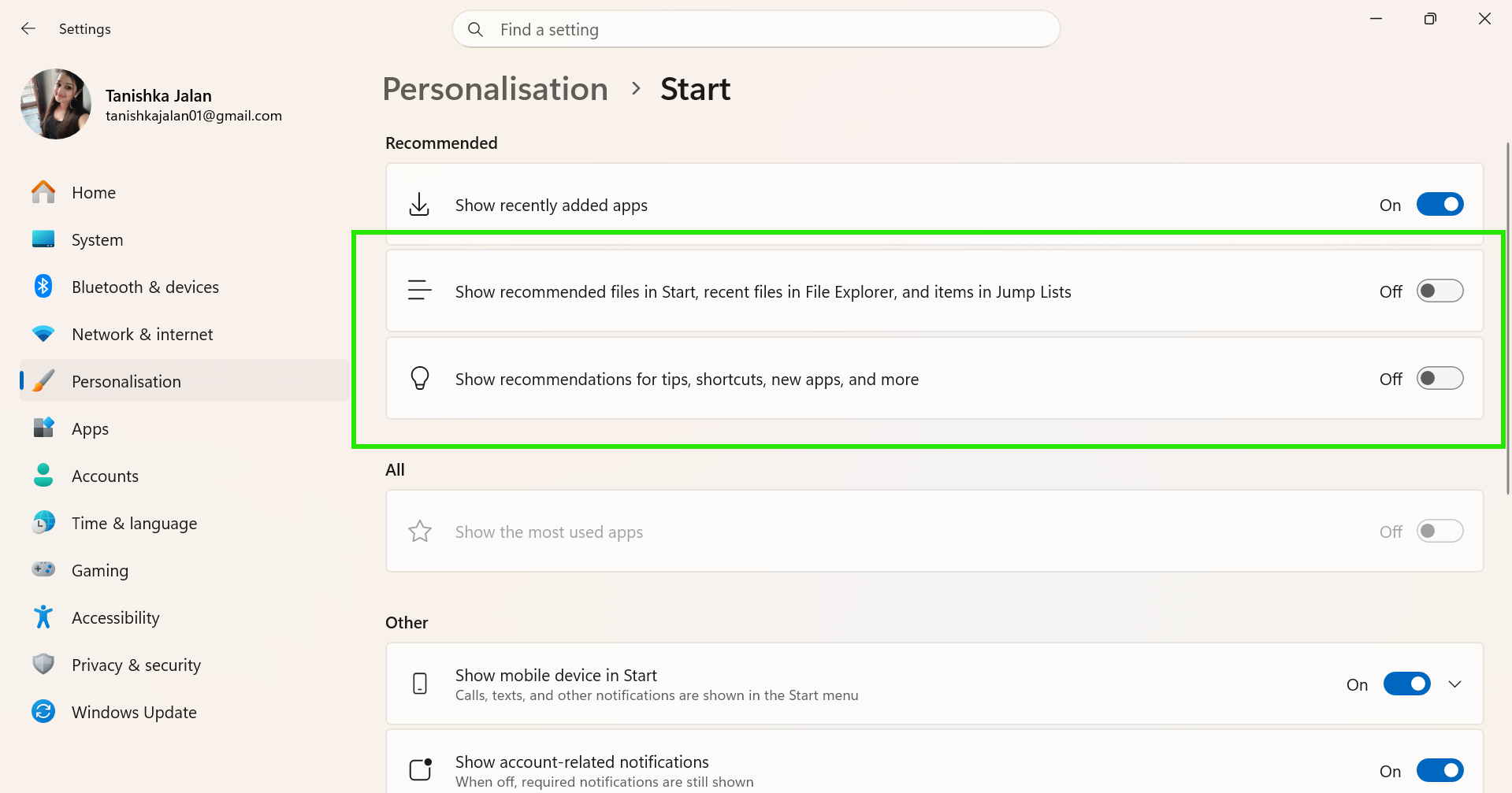 Turn off Personalisation