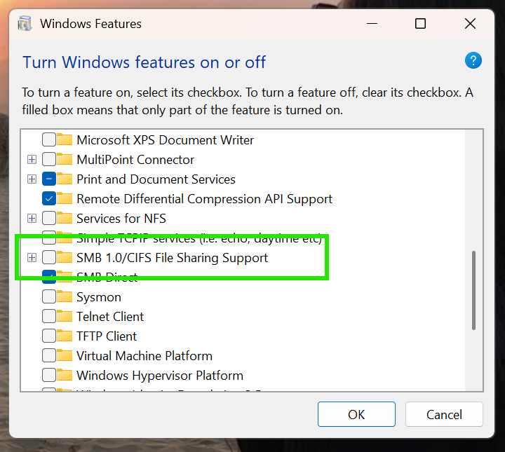 Look for SMB 1.0/CIFS File Sharing Support