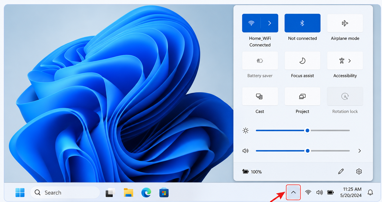 Press Windows + A to open Quick Settings
