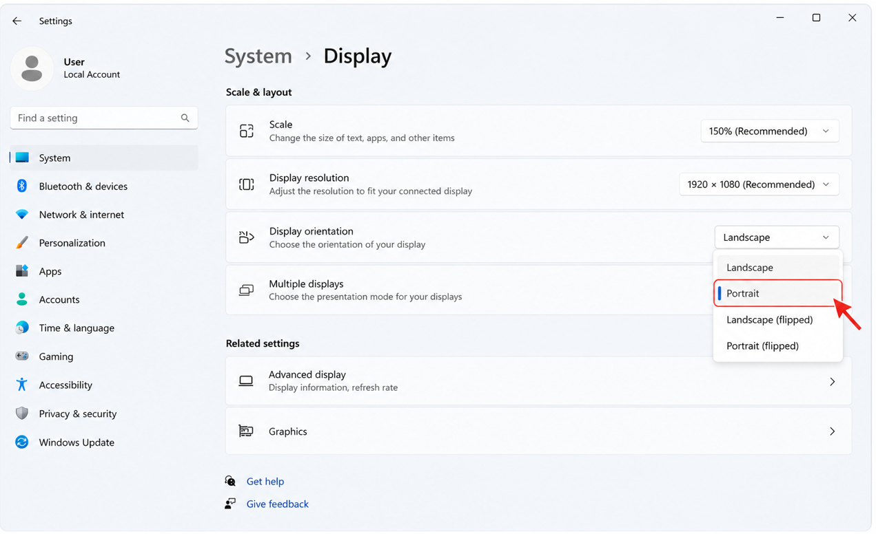 Display Orientation and select Portrait