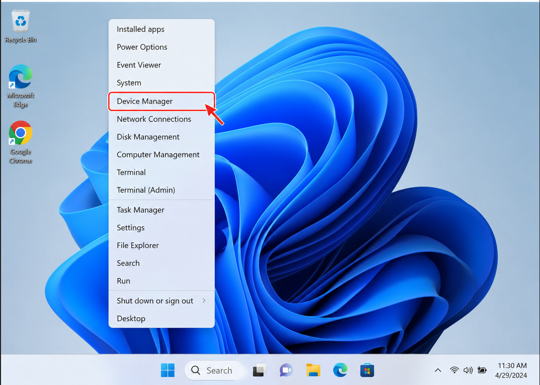 Right-click on Windows and Open Device Manager