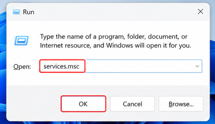 Press Windows + R. Type services.msc, then Enter. 