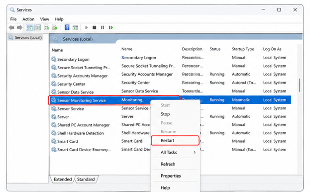Find and right-click on the Sensor Monitoring Service.