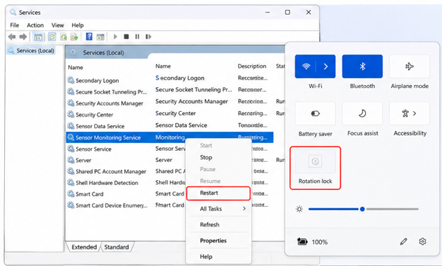 Select Restart, then check whether the grey rotation lock option is now working.